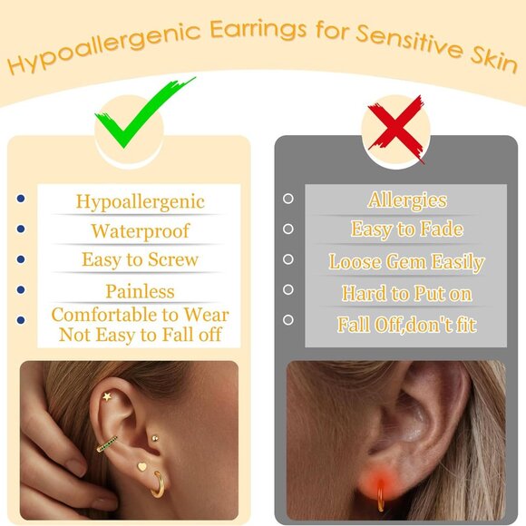 15 Pairs Gold & Steel Flat Back Hypoallergenic Stud & Hoop Earrings Set for Sens - Picture 6 of 6